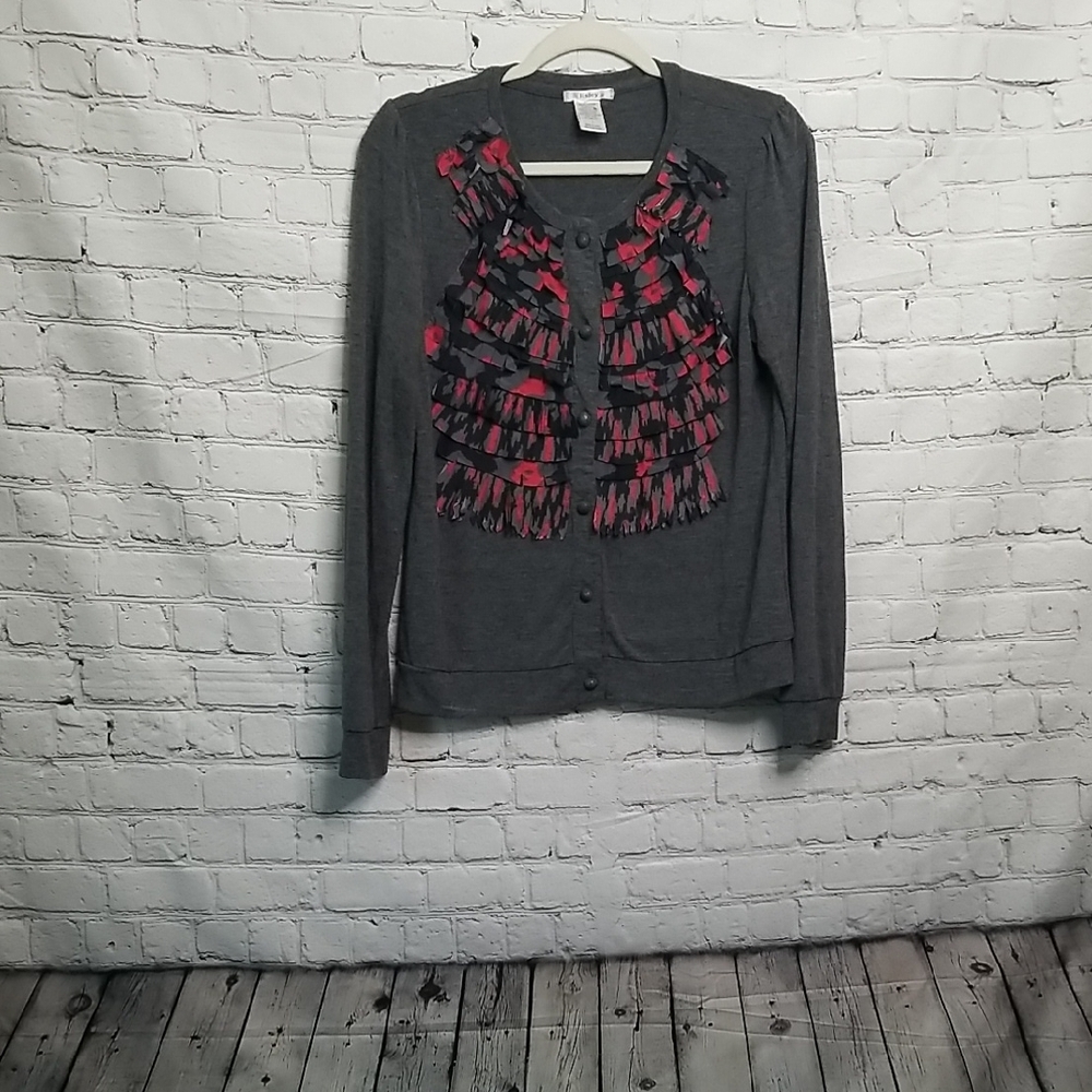 Esley Cardigan Sweater Large Gray Red Ruffled Front